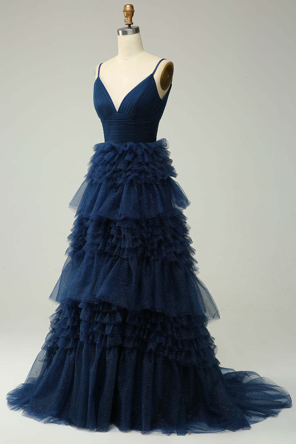 A Line Spaghetti Straps Navy Long Prom Dress with Ruffles