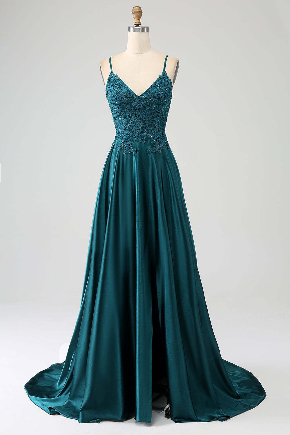 Leely Women Peacock Green A-Line Spaghetti Straps Long Prom Dress with Slit