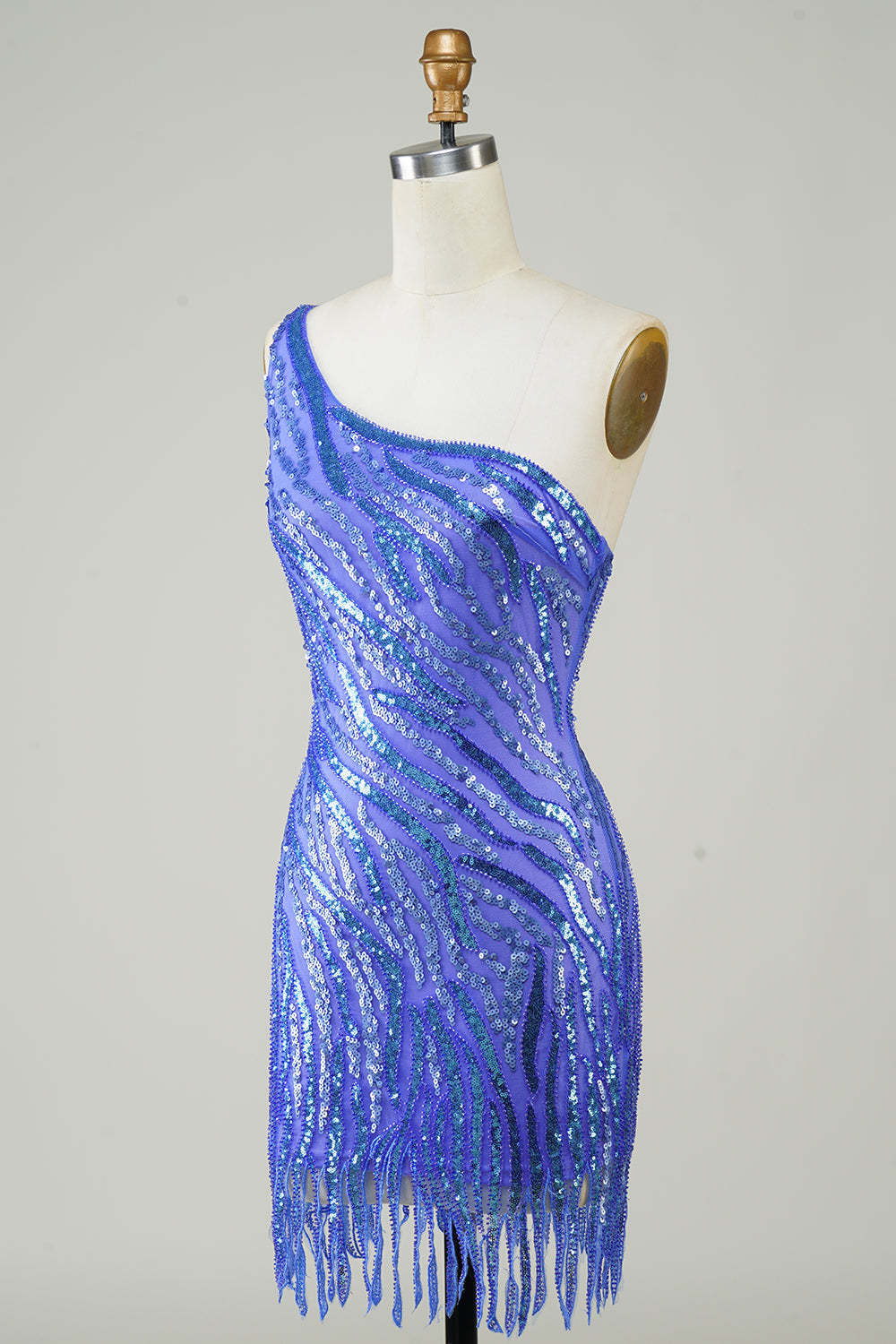 Sheath One Shoulder Blue Sequins Short Homecoming Dress with Tassel
