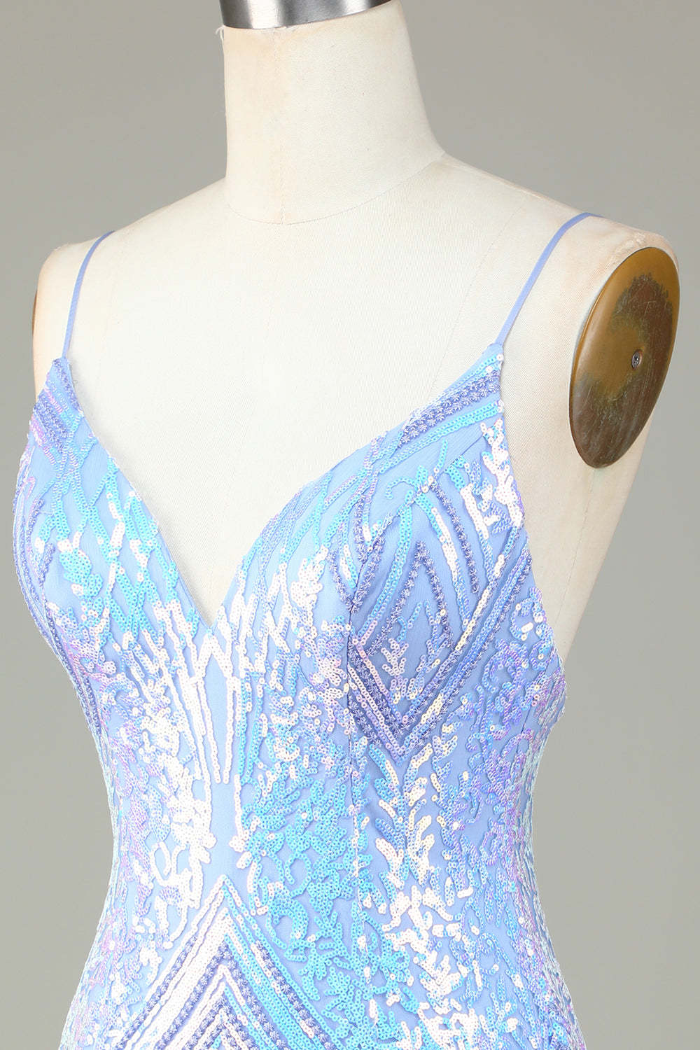 Sparkly Sheath Spaghetti Straps Blue Sequins Short Homecoming Dress with Backless