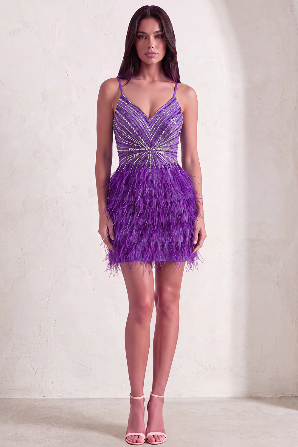 Sparkly Purple Bodycon V-Neck Beaded Short Homecoming Dress with Feathers