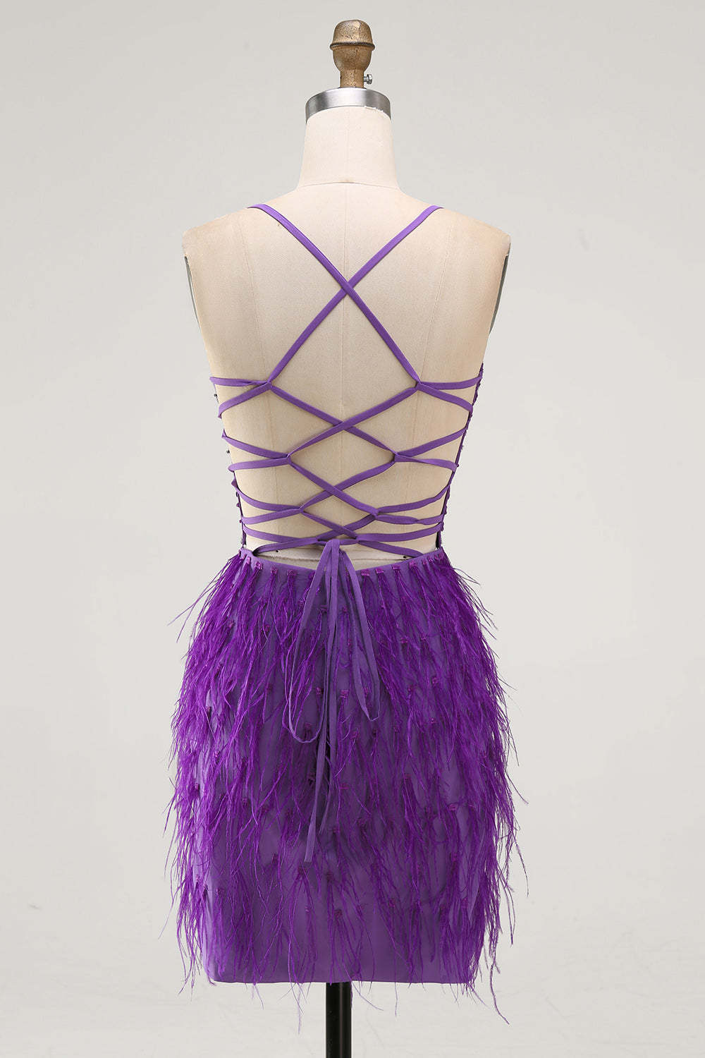 Sparkly Purple Bodycon V-Neck Beaded Short Homecoming Dress with Feathers