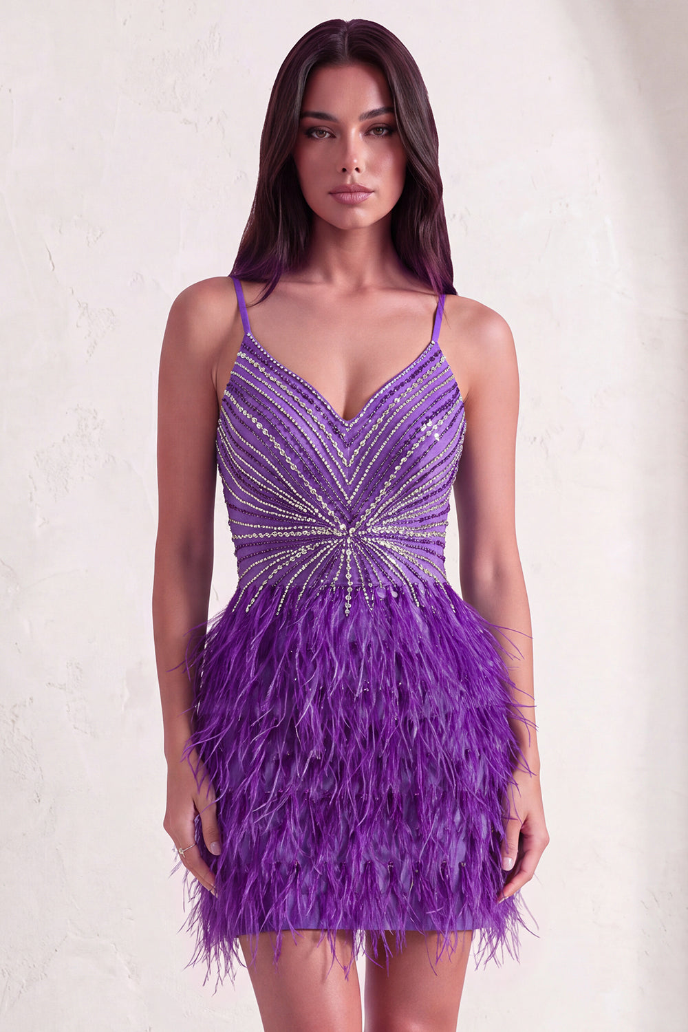 Leely Women Short Sparkly Purple Beaded Homecoming Dress Bodycon V-Neck Spaghetti Straps Feathered Cocktail Dress with Criss Cross Back