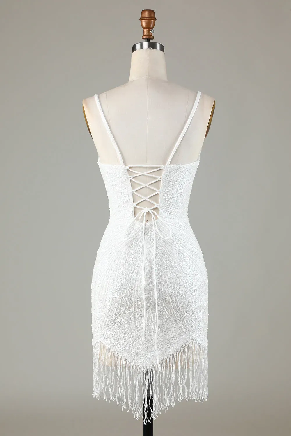 Sparkly Bodycon Spaghetti Straps Blue Lace-Up Back Short Homecoming Dress with Beading