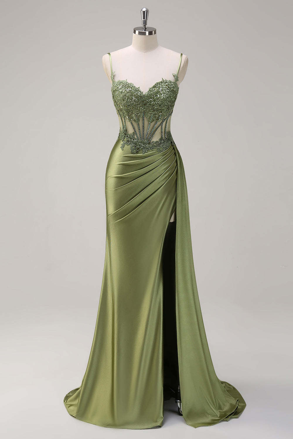Corset Green Applique Mermaid Satin Side Cape Prom Dress with Slit