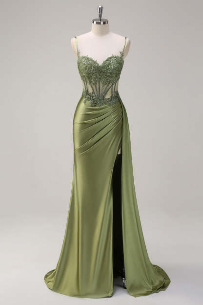 Corset Green Applique Mermaid Satin Side Cape Prom Dress with Slit