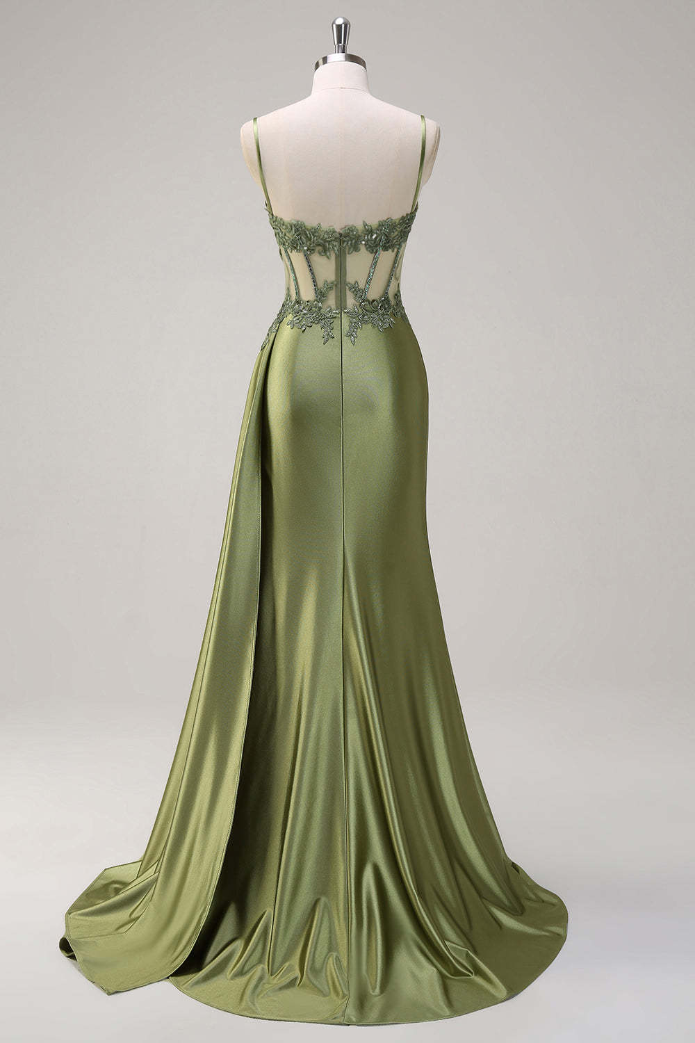 Corset Green Applique Mermaid Satin Side Cape Prom Dress with Slit