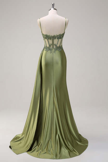 Corset Green Applique Mermaid Satin Side Cape Prom Dress with Slit