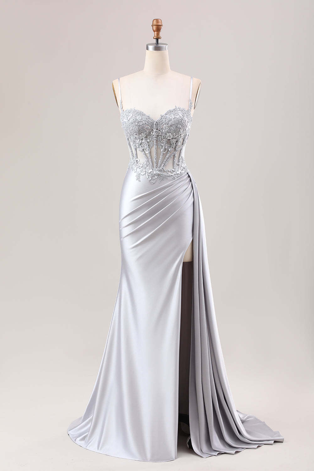 Leely Women Silver Sweetheart Corset Applique Mermaid Satin Long Prom Dress