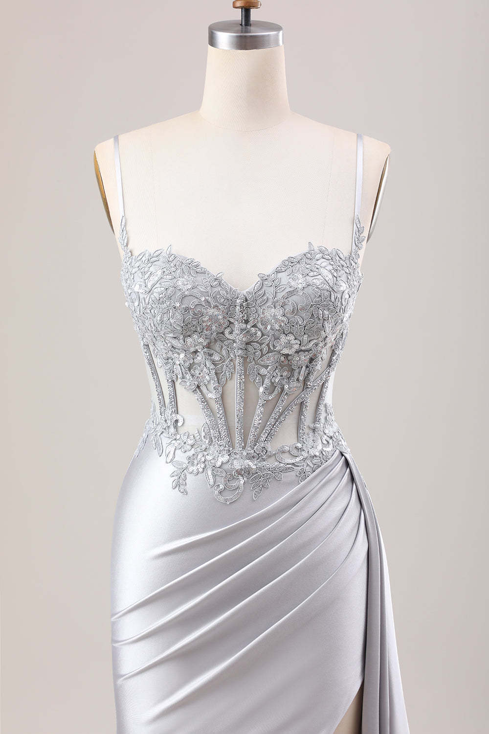 Silver Sweetheart Corset Applique Mermaid Satin Long Prom Dress