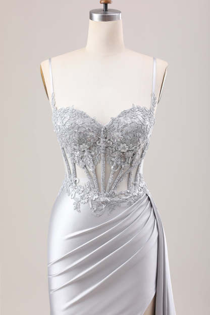 Silver Sweetheart Corset Applique Mermaid Satin Long Prom Dress
