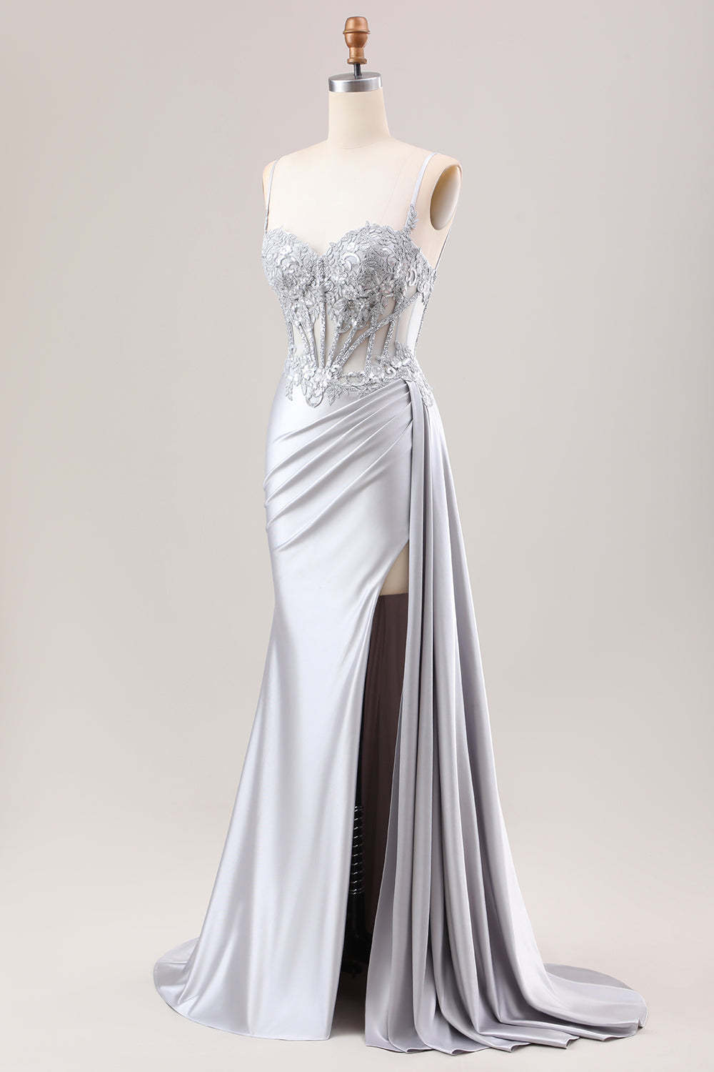 Silver Sweetheart Corset Applique Mermaid Satin Long Prom Dress