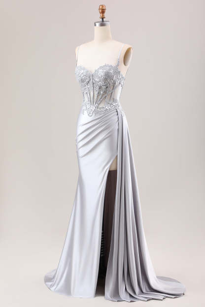 Silver Sweetheart Corset Applique Mermaid Satin Long Prom Dress