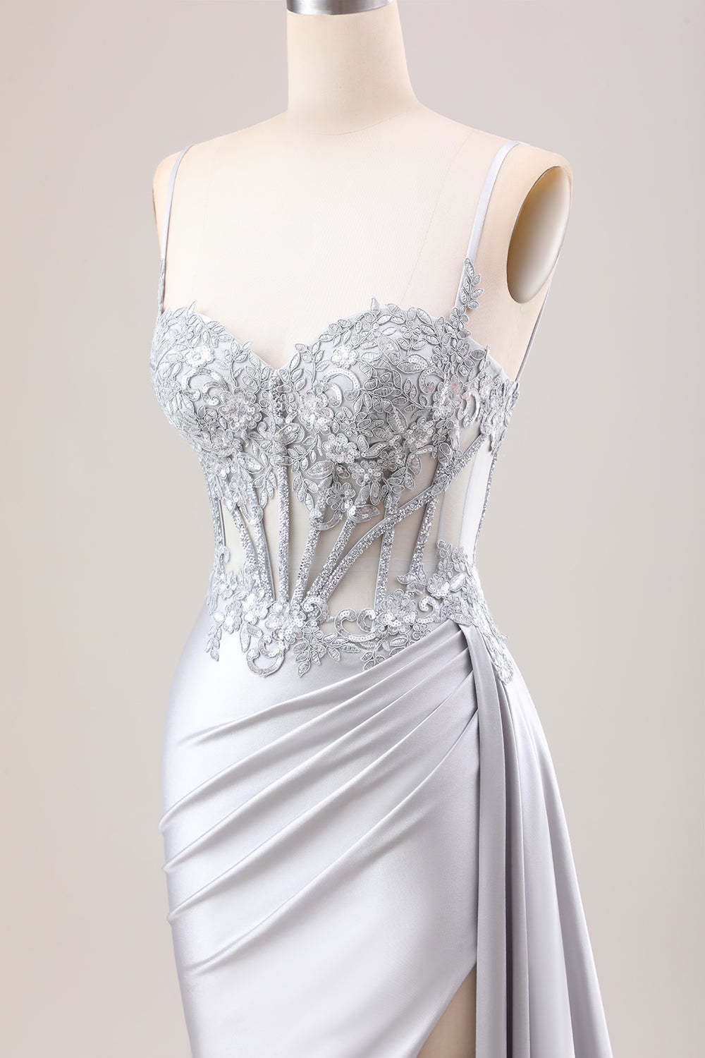 Silver Sweetheart Corset Applique Mermaid Satin Long Prom Dress