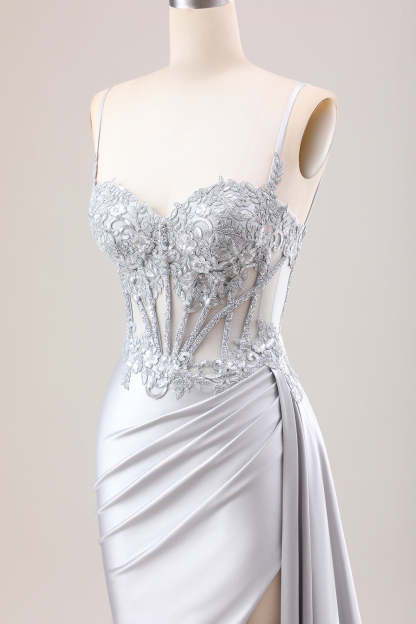 Silver Sweetheart Corset Applique Mermaid Satin Long Prom Dress