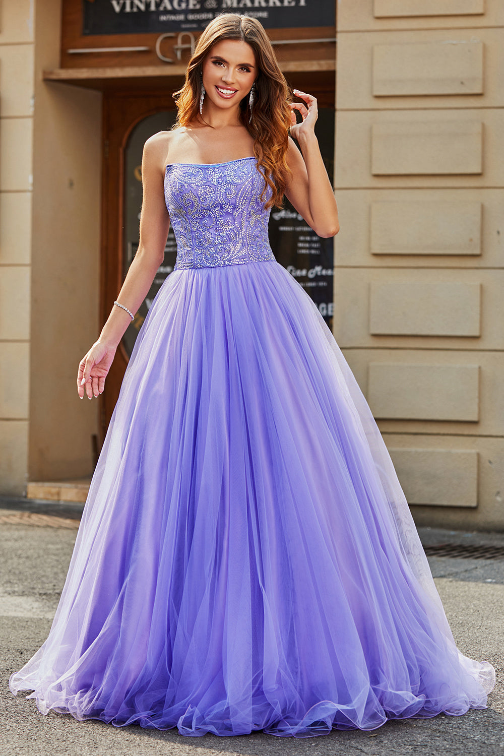 Stunning Lilac A Line Strapless Long Prom Dress With Appliques