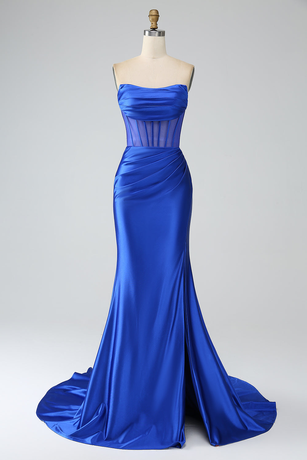 Leely Women Royal Blue Prom Dress Mermaid Strapless Pleated Corset Long Party Dress with Slit
