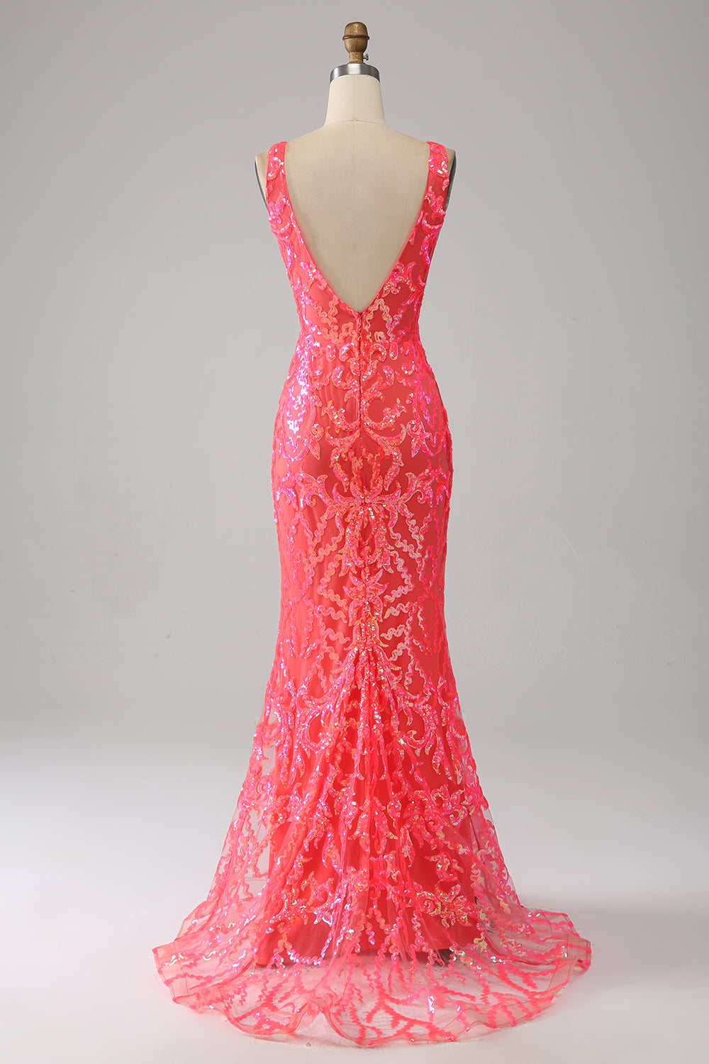 Sparkly Coral Sequins Mermaid V Neck Long Prom Dress With Embroidery