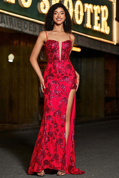 Stylish Dark Red Mermaid Spaghetti Straps Corset Long Prom Dress With Slit