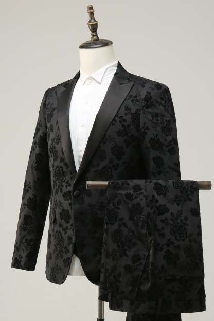 3 Piece Black Peak Lapel Jacquard Men's Prom Suits