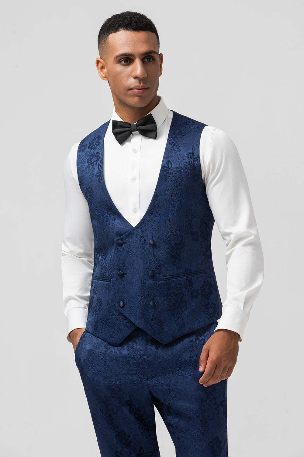 Peak Lapel Dark Blue Jacquard Men's Prom Wedding Party Suits