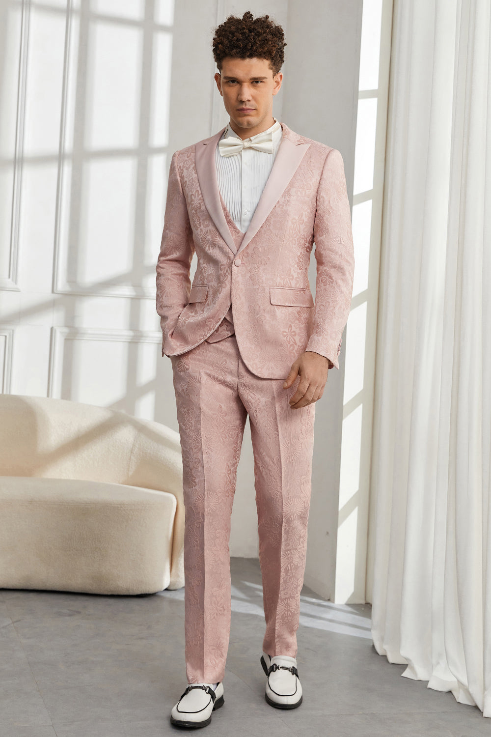 Leely Light Pink Men's Prom Wedding Party Suits Peak Lapel Jacquard One Button Homecoming Tuxedos