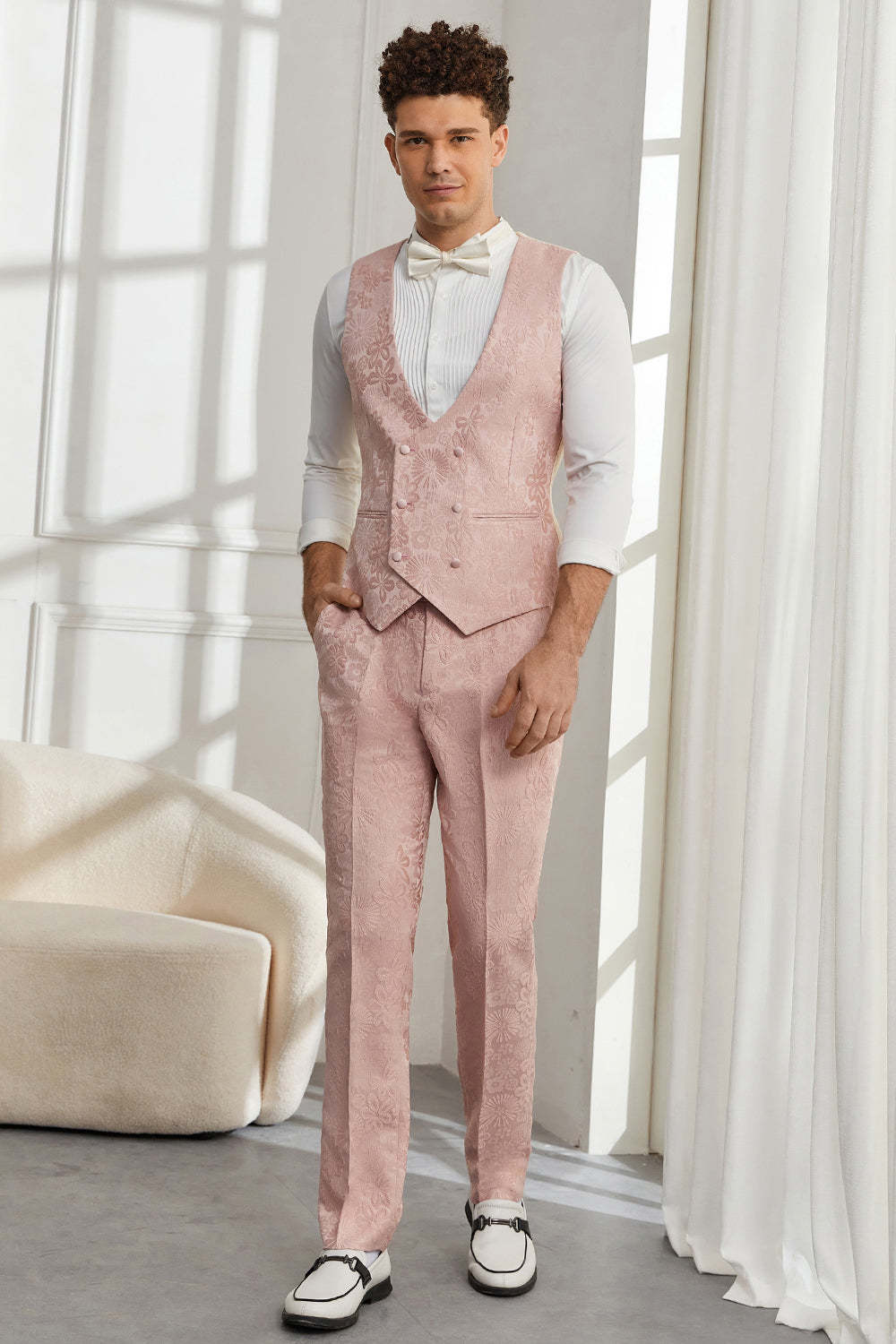 Silm Fit Peak Lapel Light Pink Jacquard Men's Homecoming Suits