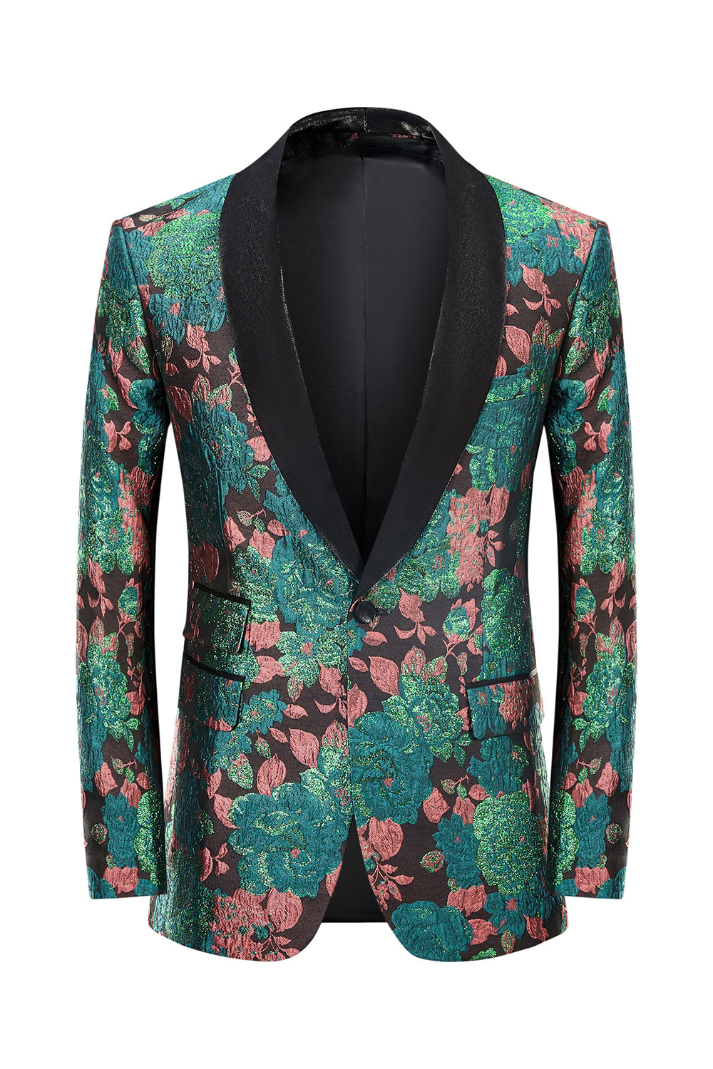 Leely Men Green Jacquard Prom Blazer Shawl Lapel Floral Pattern One Button Party Suit Jacket Blazer