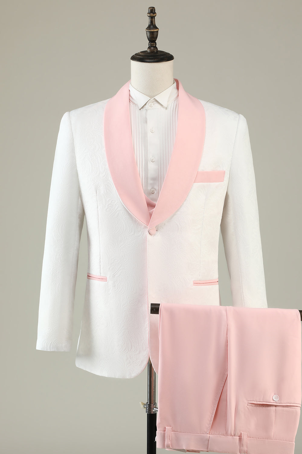 Leely Light Pink Prom Tuxedo Shawl Lapel 3 Piece Jacquard Men's Prom Suits
