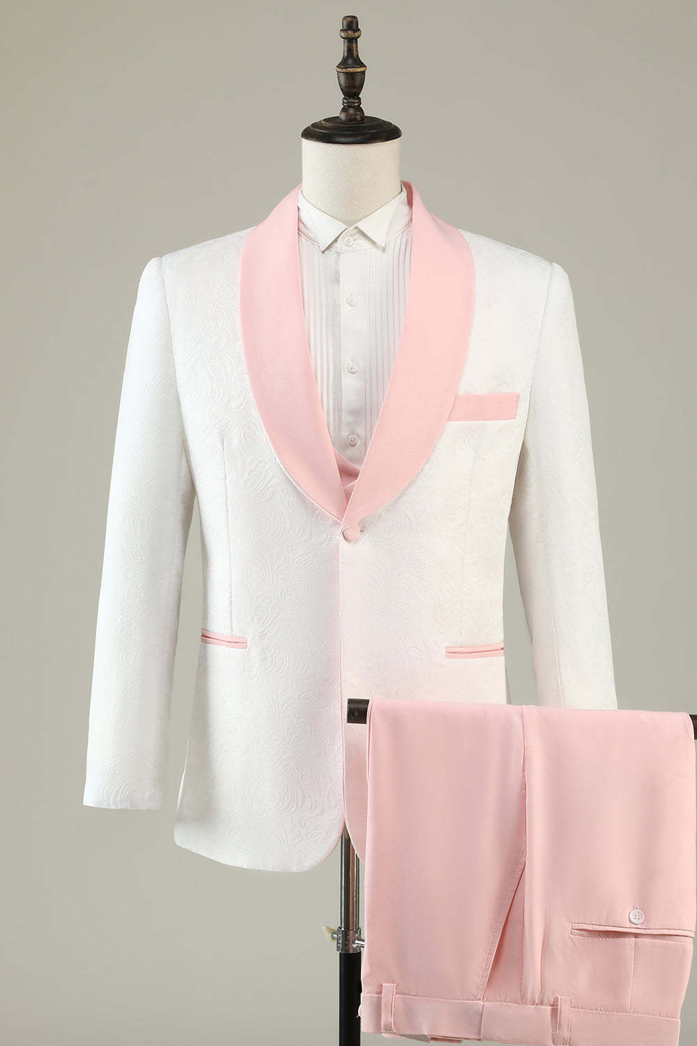 Leely Light Pink Prom Tuxedo Shawl Lapel 3 Piece Jacquard Men's Prom Suits