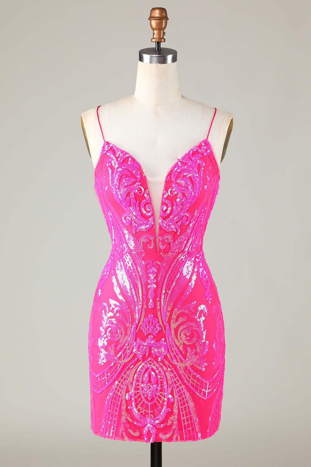 LEELY Women Trend Hot Pink Tight Glitter Homecoming Dress Bodycon Cocktail Party Dress with Criss Cross Back