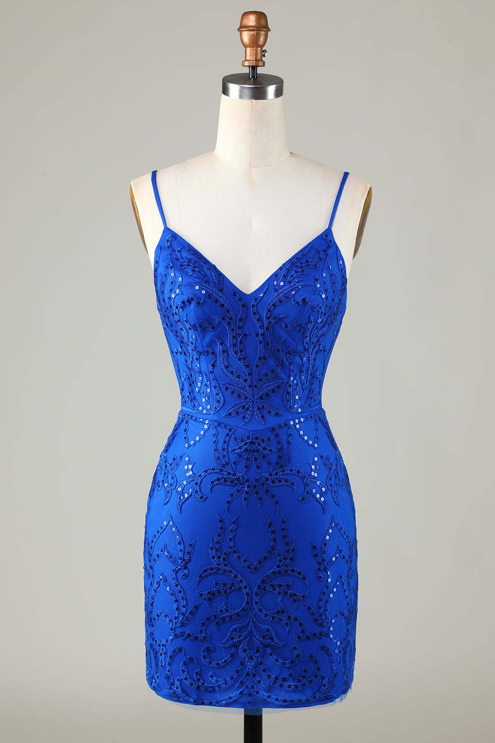 LEELY Women Sparkly Royal Blue V-Neck Sequined Tight Short Homecoming Dress