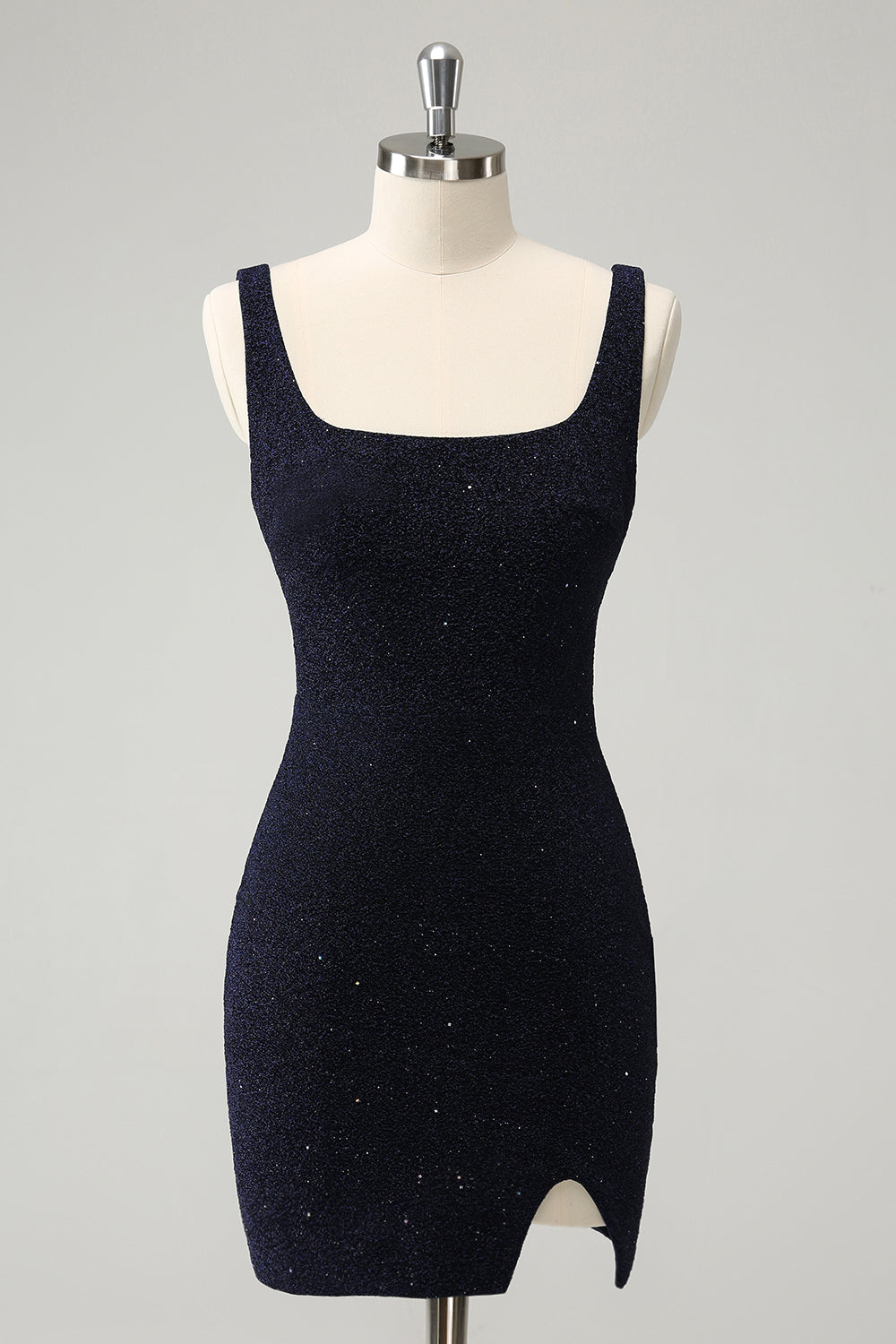 Sparkly Dark Blue Square Neck Bodycon Mini Homecoming Dress With Slit