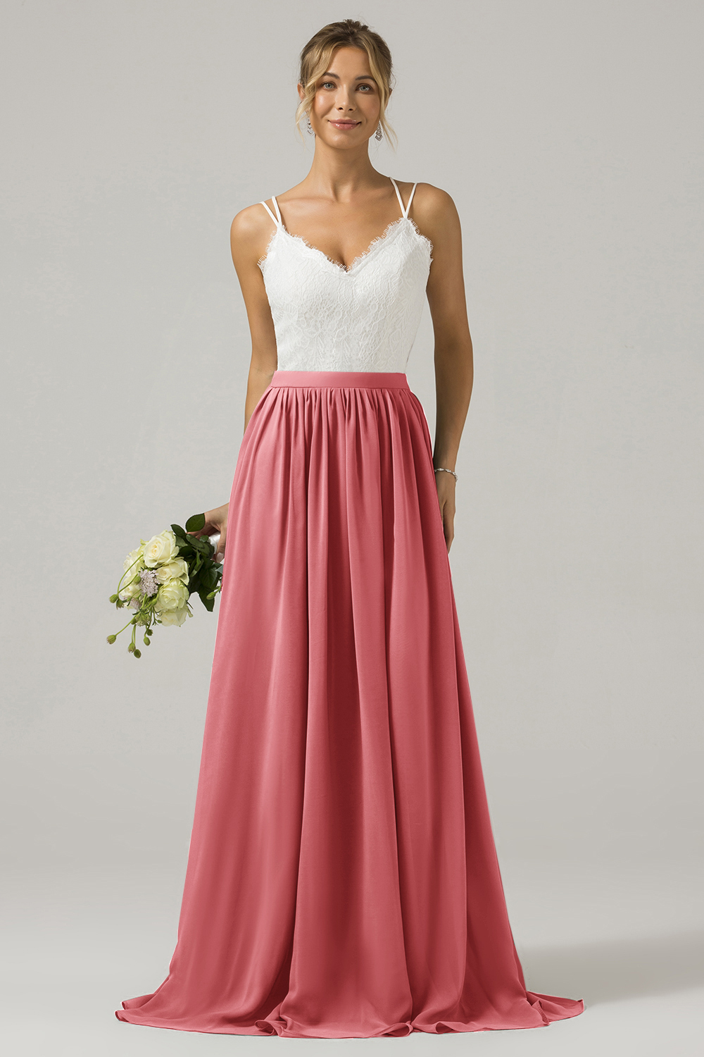 Eucalyptus A-Line Spaghetti Straps Pleated Long Bridesmaid Dress With Lace