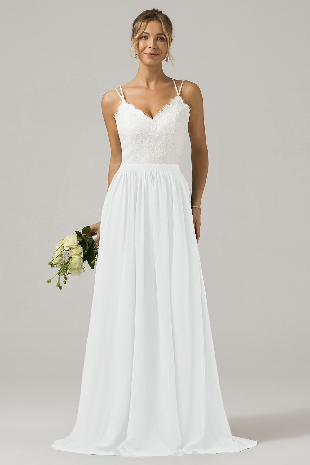 Eucalyptus A-Line Spaghetti Straps Pleated Long Bridesmaid Dress With Lace