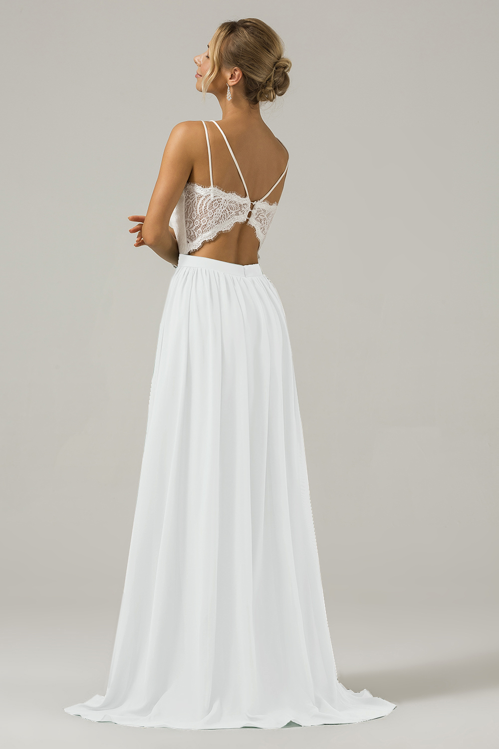Eucalyptus A-Line Spaghetti Straps Pleated Long Bridesmaid Dress With Lace