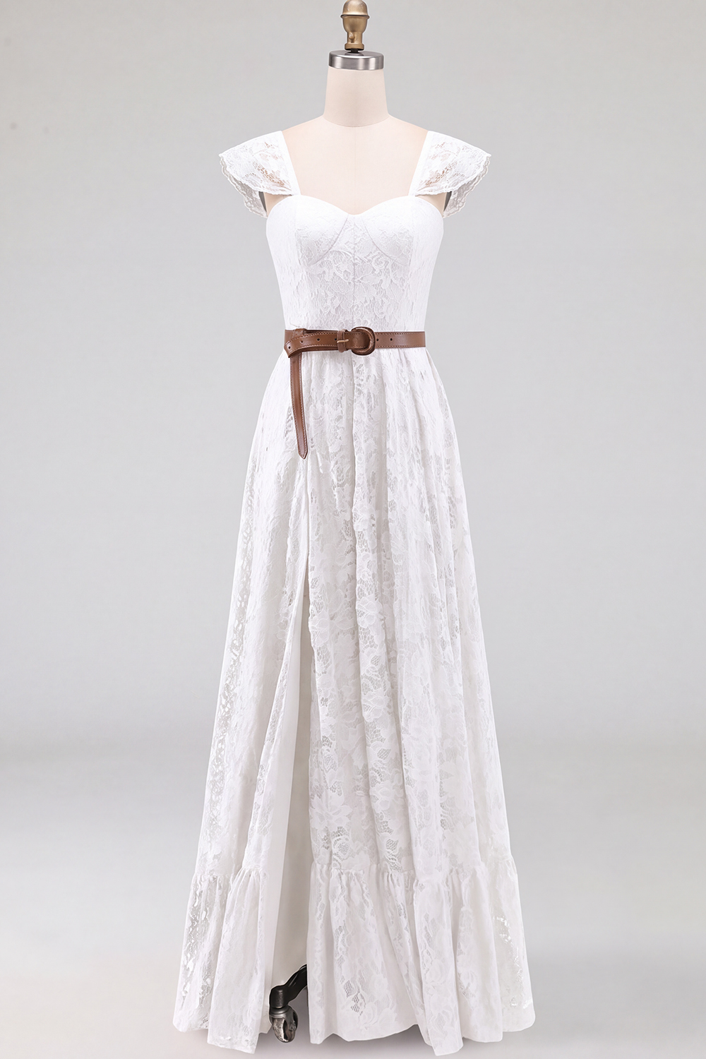 Leely Women White  Lace Maxi Country Western Wedding Dress with Slit Corset Flutter Sleeves A Line Boho Engagement Dress