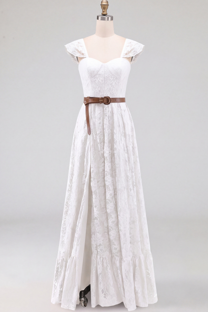 Leely Women White  Lace Maxi Country Western Wedding Dress with Slit Corset Flutter Sleeves A Line Boho Engagement Dress