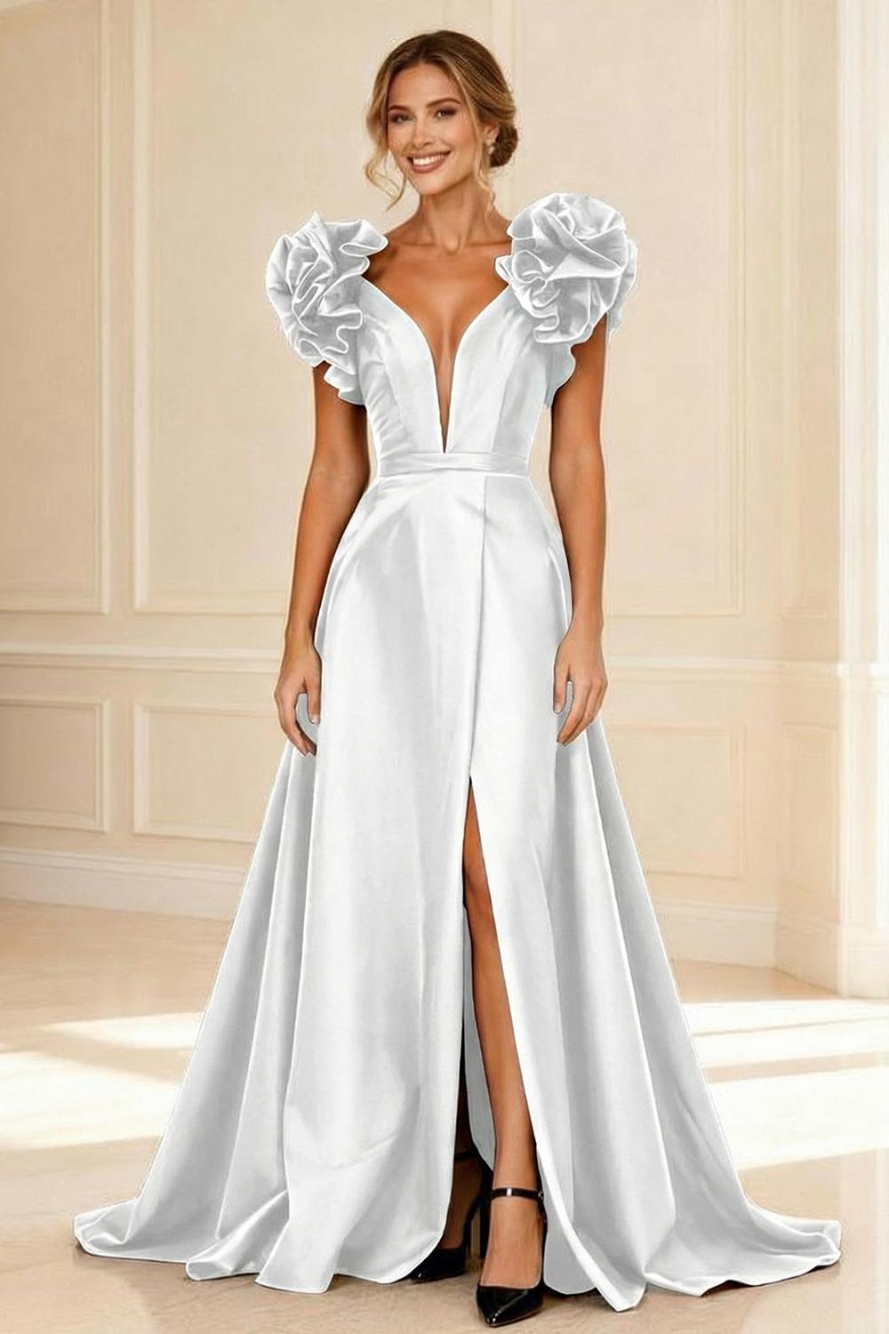 Black Deep V-Neck Ruffled Long Mother of the Bride Dress with Slit