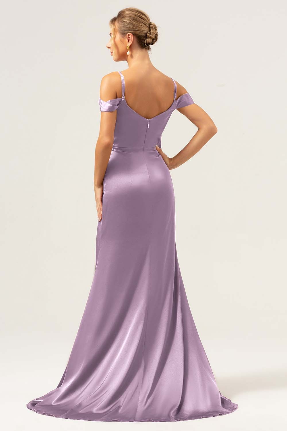 Coffee Cold Shoulder Satin Mermaid Wedding Party Dress with Slit