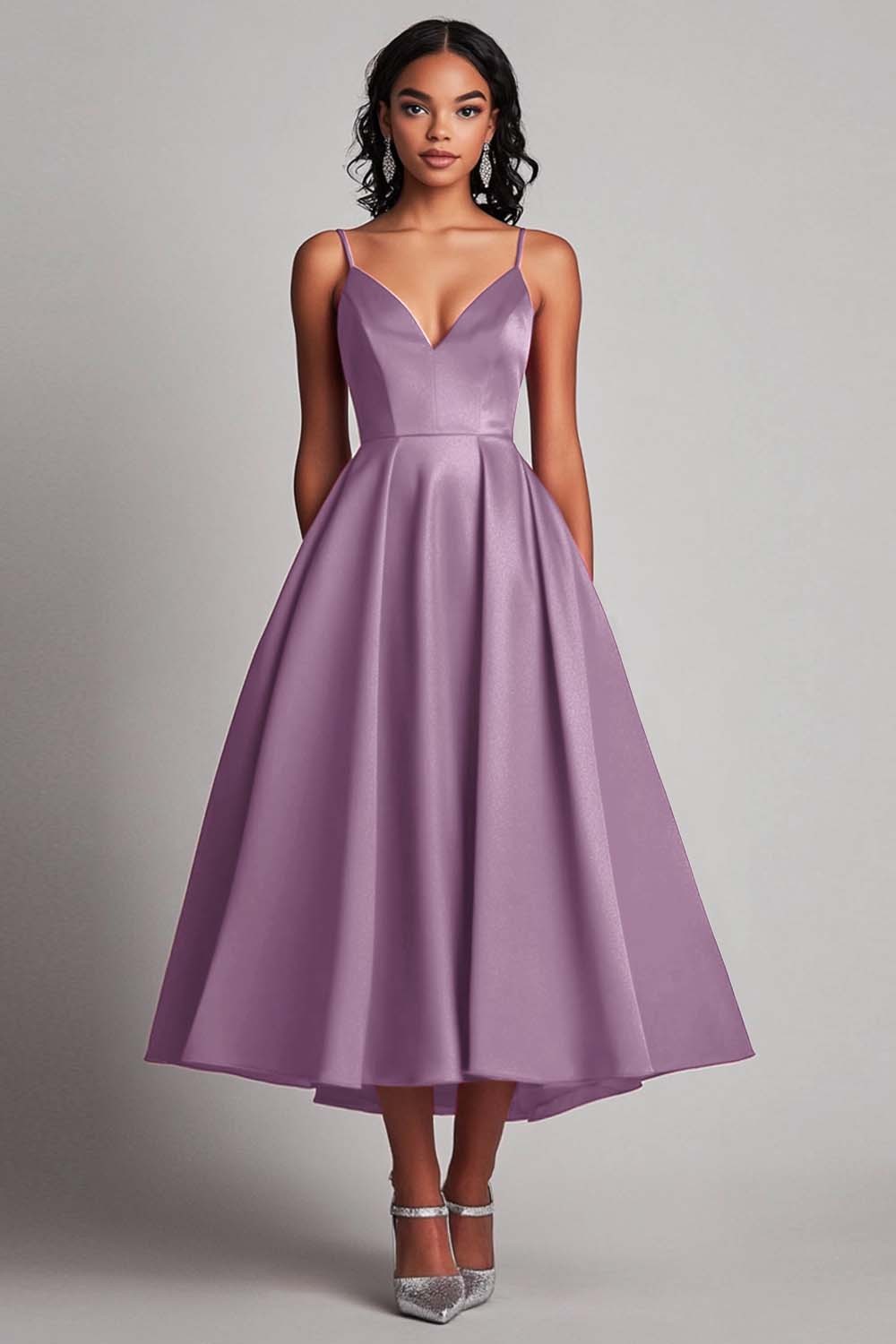 Red Satin A-Line Spaghetti Straps Tea Length Formal Dress