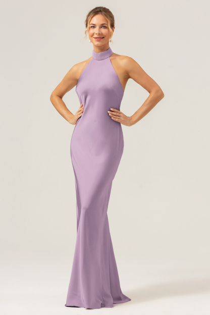 Champagne Halter Mermaid Satin Wedding Guest Dress with Back Slit