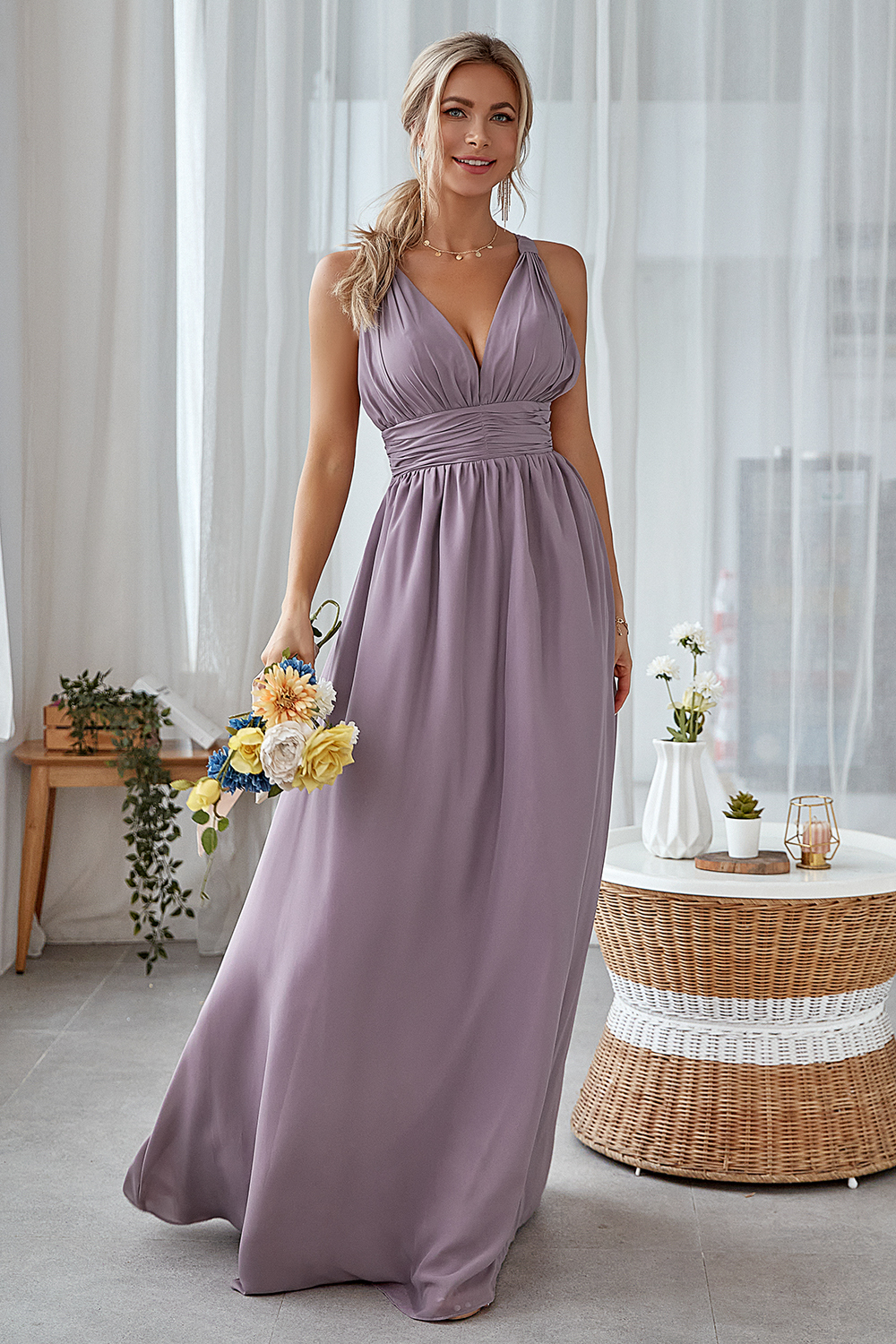 Satin Long V-neck A-line Backless Maxi Bridesmaid Dress