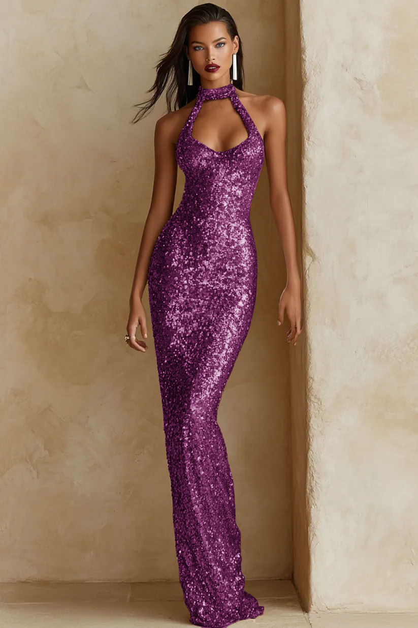Leely Women Sparkly Sequin Champagne Halter Long Gala Dress Mermaid Evening Dress