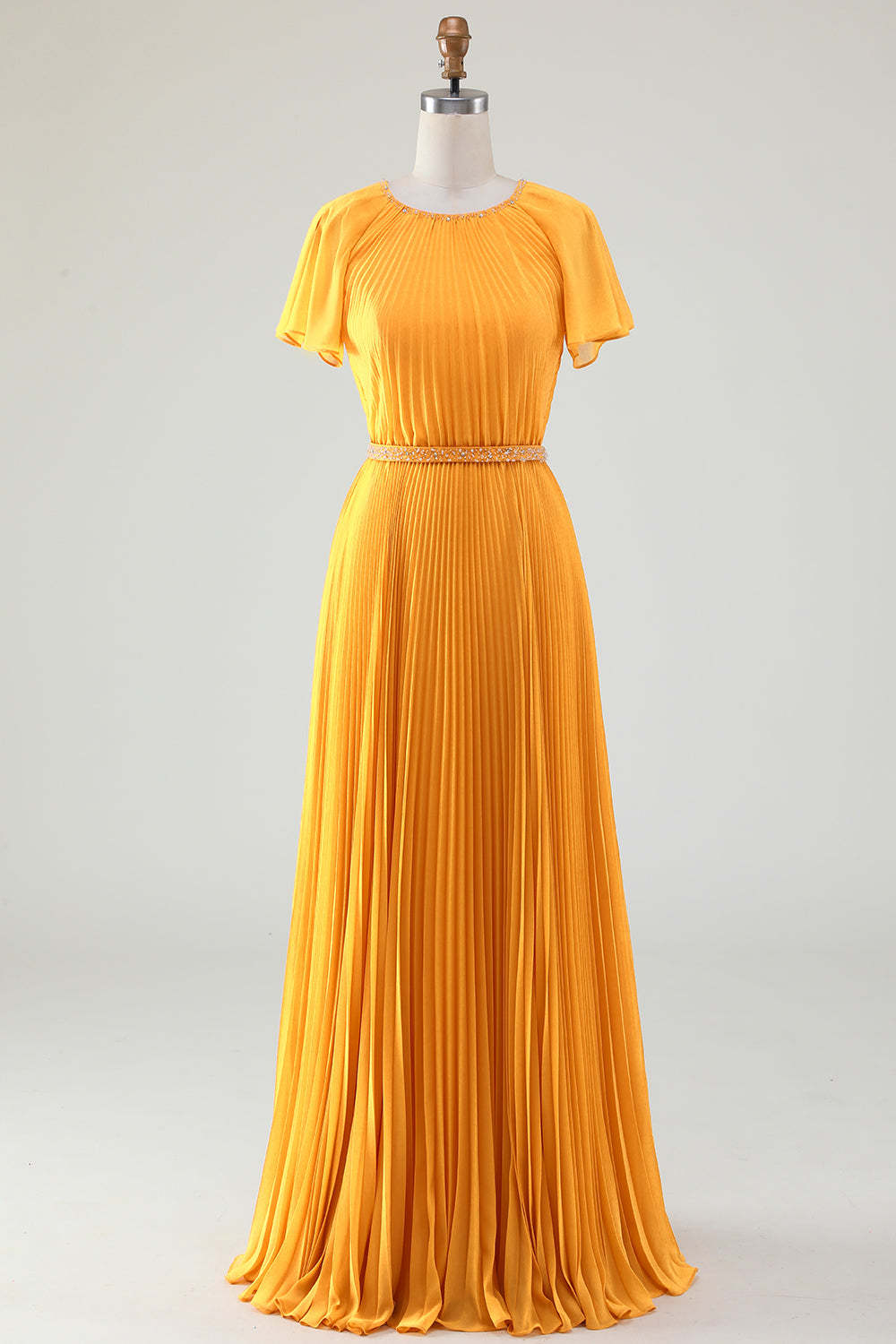 Leely Women Yellow Mother of Bride Dress with Sash A-Line Round Neck Pleated Wedding Party Dress