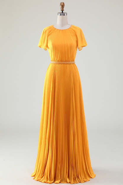 Leely Women Yellow Mother of Bride Dress with Sash A-Line Round Neck Pleated Wedding Party Dress