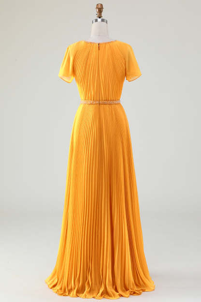 A-Line Round Neck Pleated Yellow Mother of Bride Dress With Short Sleeves