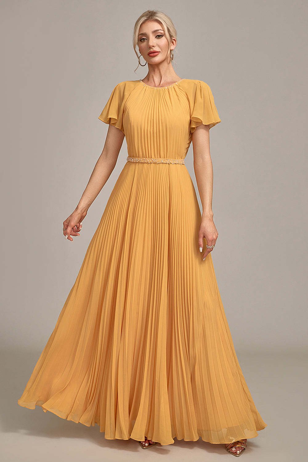 Leely Women Yellow Formal Dress A-Line Round Neck Short Sleeves Mother of Bride Dress With Short Sleeves