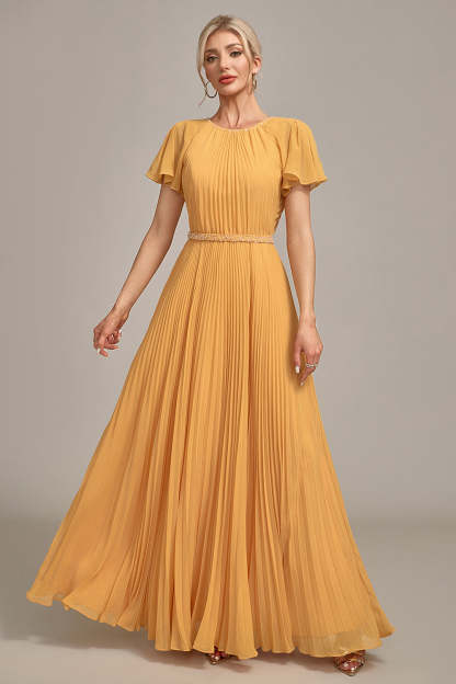 Leely Women Yellow Formal Dress A-Line Round Neck Short Sleeves Mother of Bride Dress With Short Sleeves