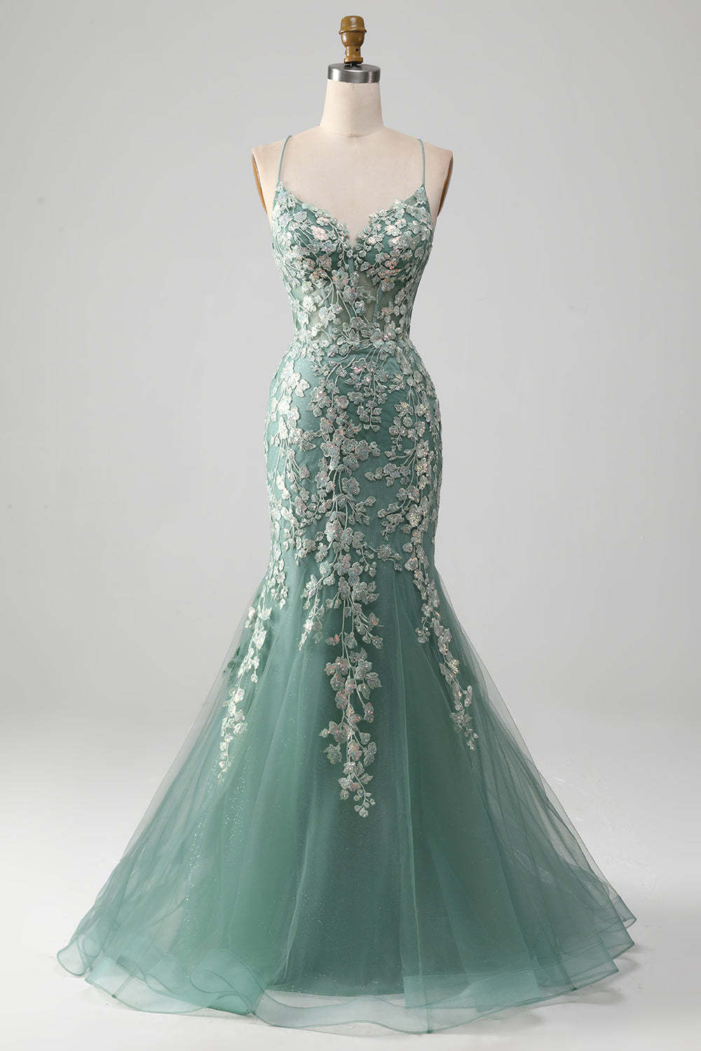 Leely Women Light Green Prom Dress with Appliques Mermaid Lace-Up Back Party Dress